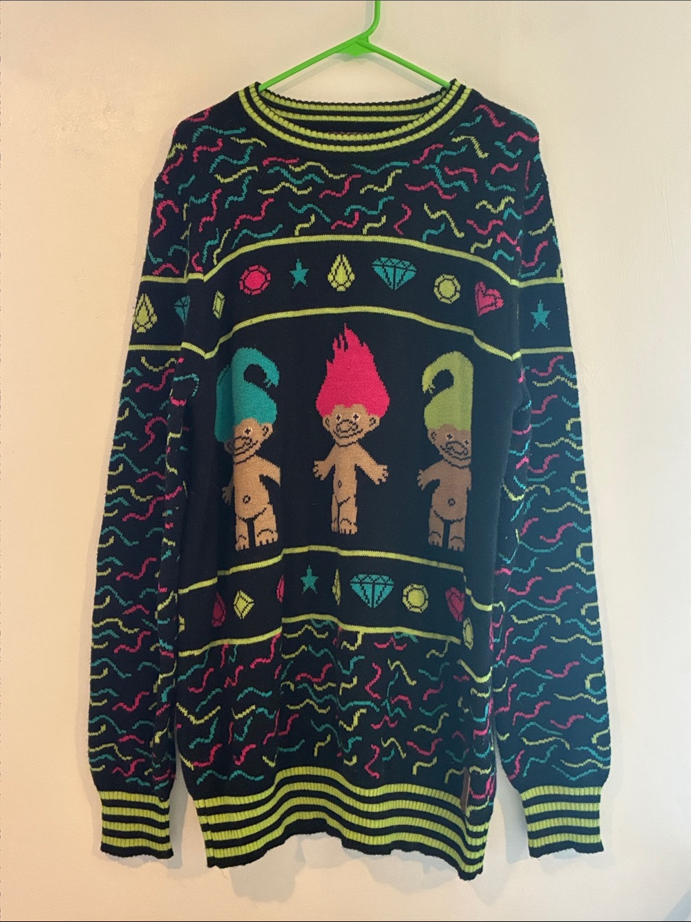 Tipsy Elves Black Sweater with Neon Pink Teal and Lime Trolls